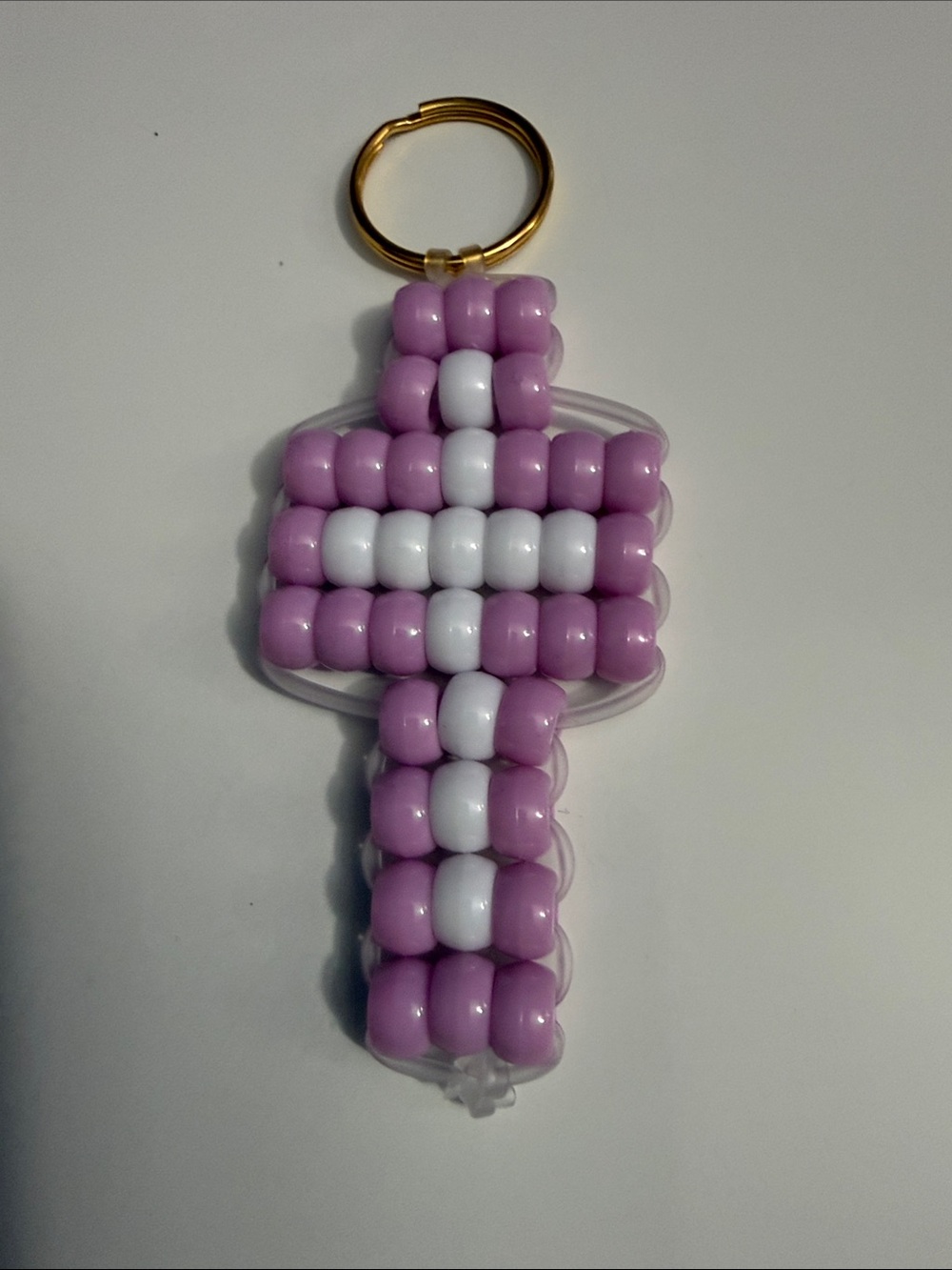 Beaded Cross Keychain -  baby purple  and White